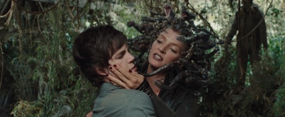 A scene from the Percy Jackson movie. Medusa is attempting to seduce Percy.
